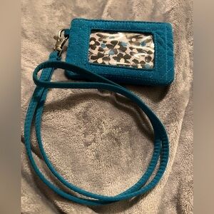 Vera Bradley Aqua Quilted Zip ID Case, attached/removable lanyard, good cond.